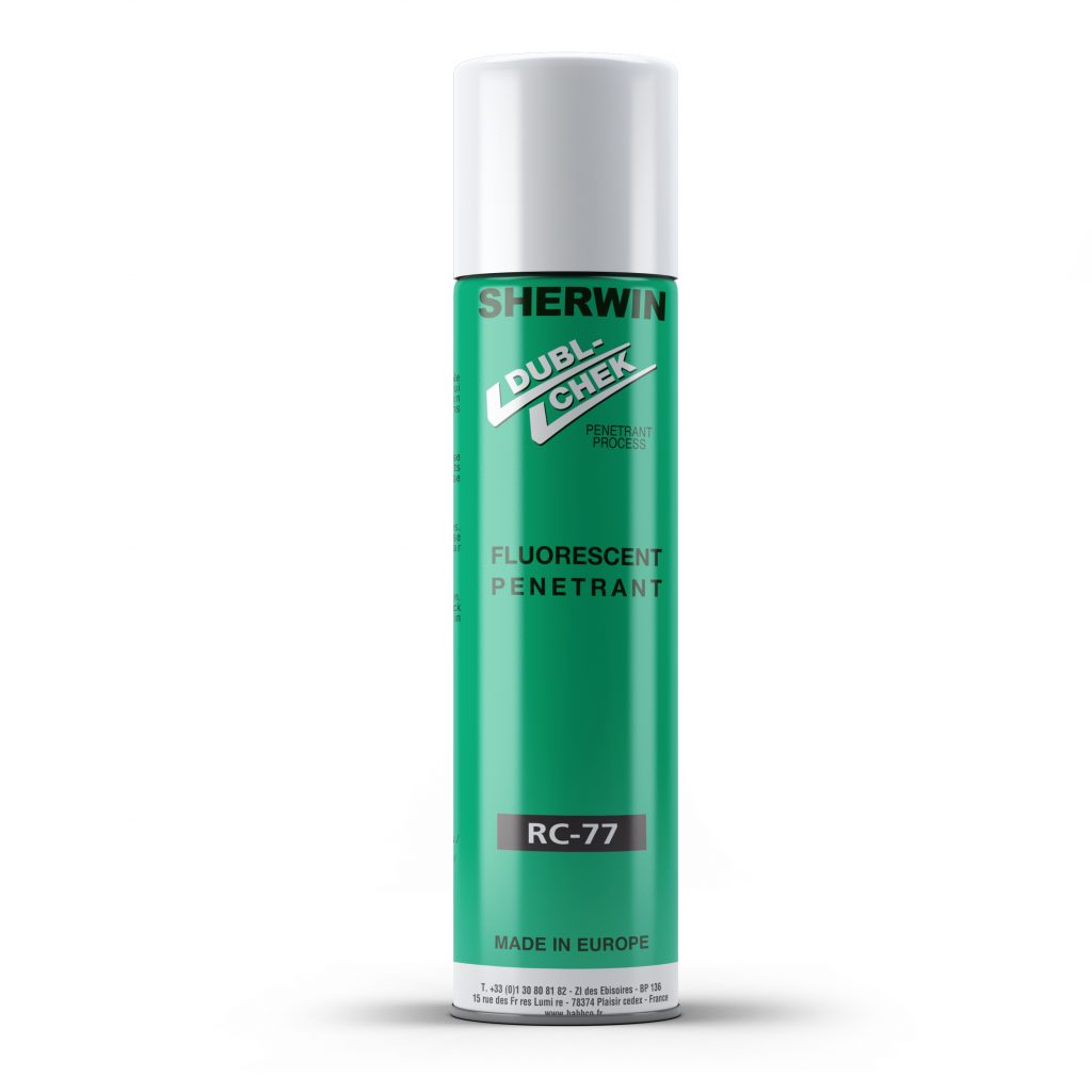 Sherwin RC-77 Penetrant in green bottle.