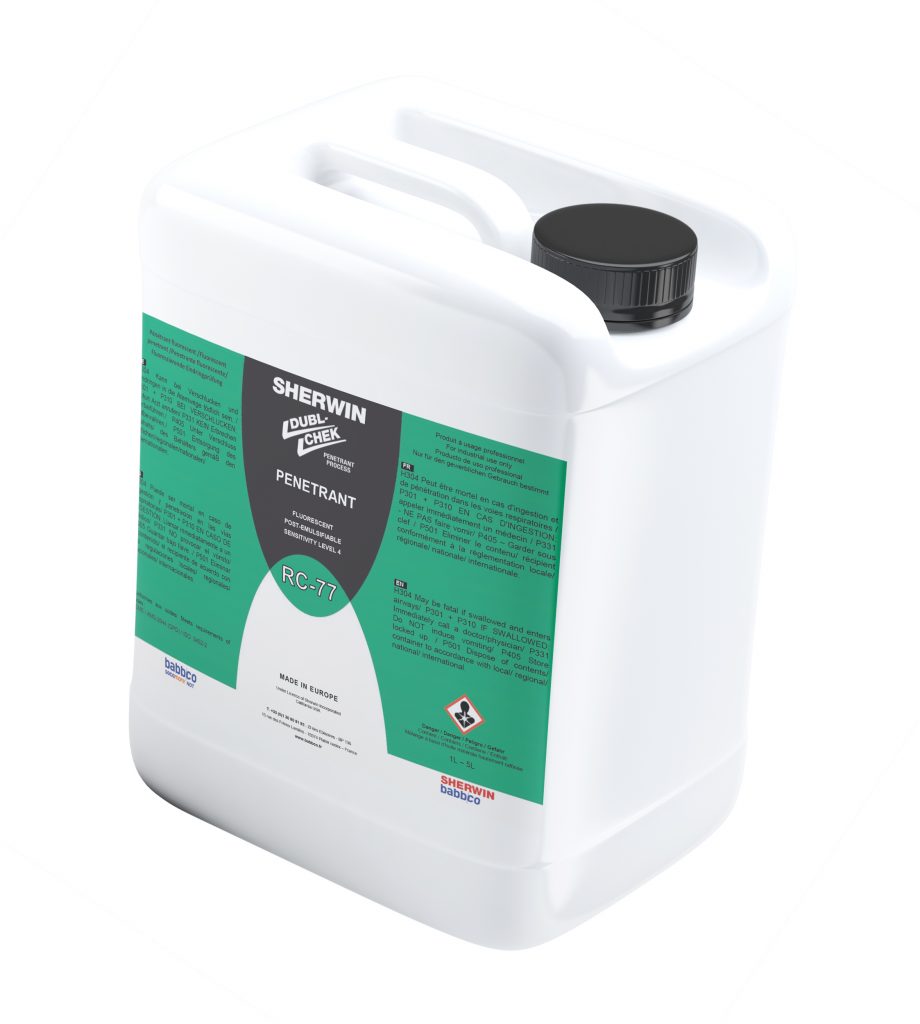 Sherwin RC-77 penetrant. A large white bottle is displayed with a green label and black text. The text highlights how it can be used. It has a black cap on the top for safety.