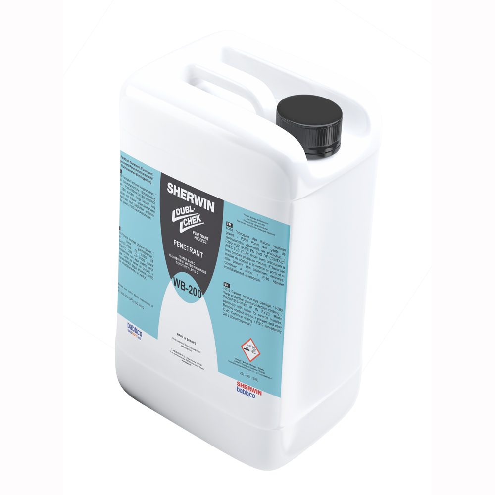 Sherwin WB-200 penetrant in white bottle with a black cap on top. It has blue and black labelling with instructions for its use in multiple languages.