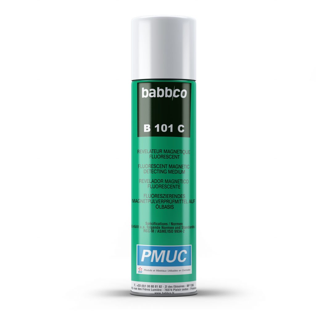 A spray can of Babbco B 101 C florescent magnetic spray. The bottle has green and black labelling on front. Instructions for use are in multiple languages.