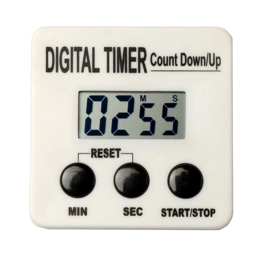 Digital timer with count up and count down functions. It is white in colour with black buttons for start/stop, resets for minutes or seconds and an LED display to display the time accrued.