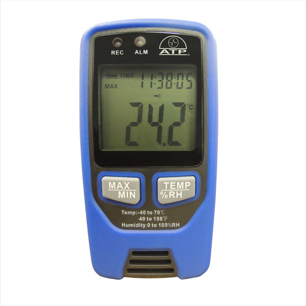 An ET175 Hygrometer is on screen. It is blue in colour and the screen displays a temperature and a time on screen. It has a range of -40 celsius to 70 celsius.