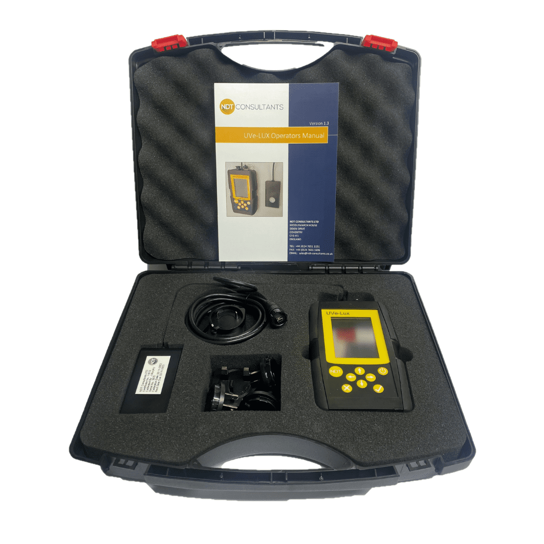 UVe-Lux meter with black protective case and UVe-Lux Operators Manual by NDT Consultants in white, blue and yellow.