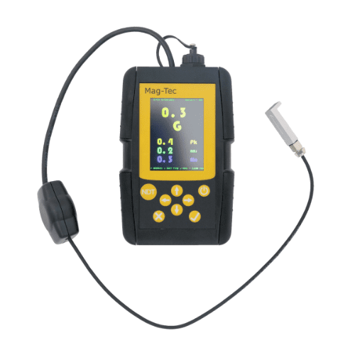 Mag-Tec Field Strength Meter showcased in yellow and black.
