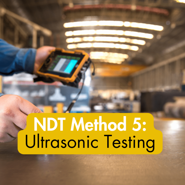 Ultrasonic NDT testing being conducted with reading device and ultrasonic tool on steel pipe.